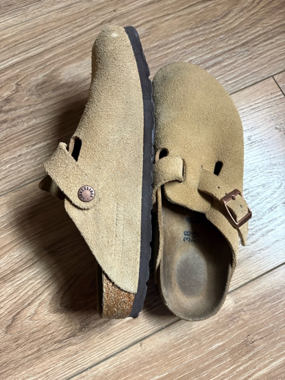 Birkenstock Suede Clog Mules in Tan with Brown Soles
